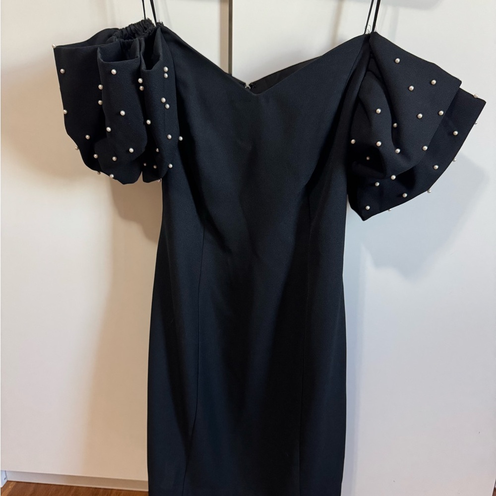 Elegant Black Mini Dress with Pearl Accents, off shoulder